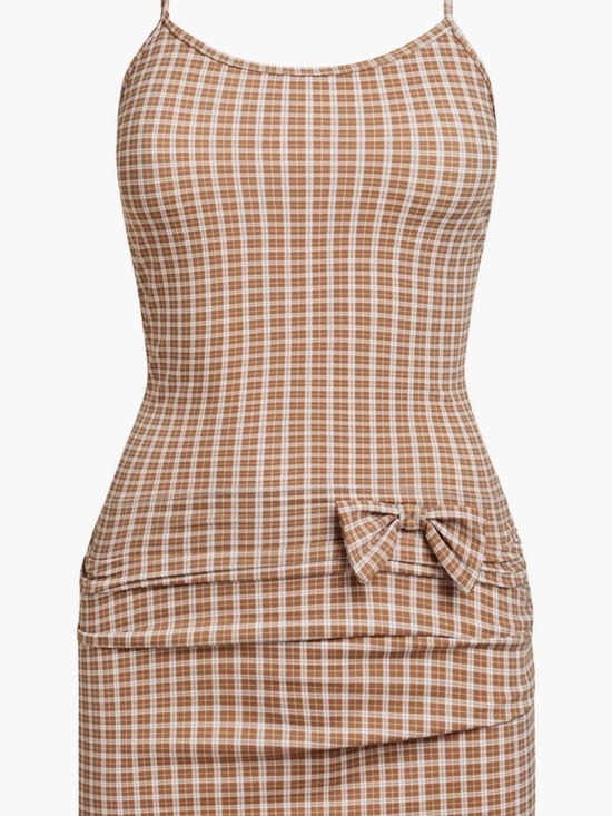 Lioness Dresses & Skirts - Lioness Brown and White Plaid Spaghetti-Strap Dress with Bow